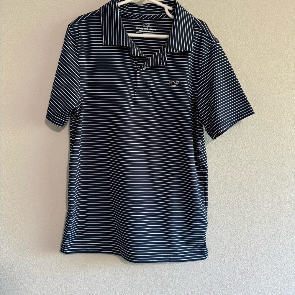 Boy’s S Vineyard Vines Navy and White Striped Performance Polo Shirt